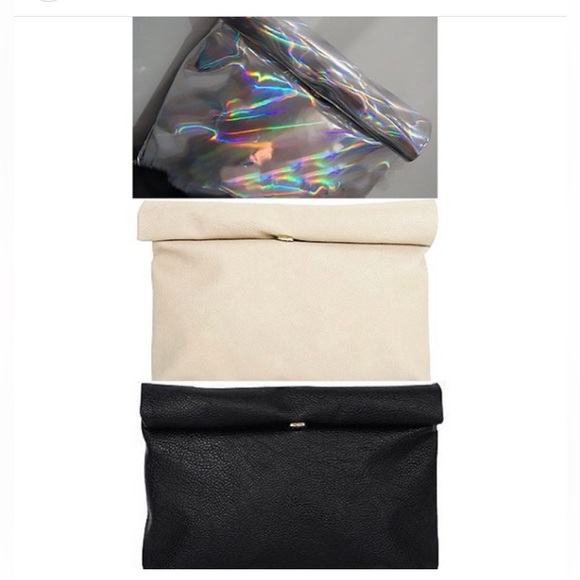 MINIMALIST FAUX LEATHER LEATHER PAPER BAG ROLL UP CLUTCH PURSE BAG - Picture 2 of 3